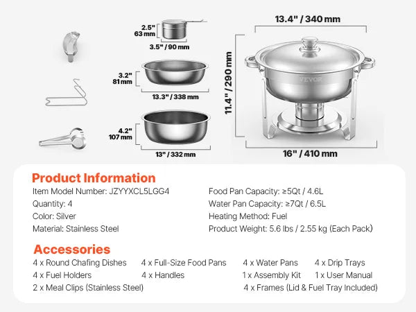 Stainless Steel Chafing Dish Set with 4 Full Size Round Pans Capacity of 5 Qt