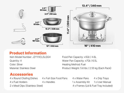 Stainless Steel Chafing Dish Set with 4 Full Size Round Pans Capacity of 5 Qt