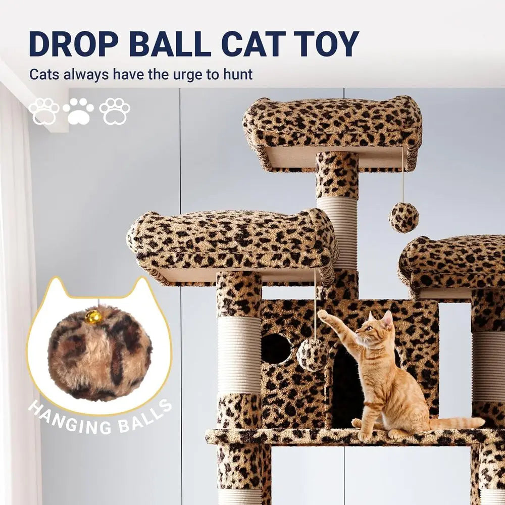 5 Level Tall Cat Tower in plush Leopard Print