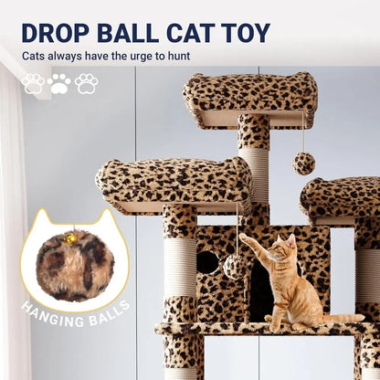 5 Level Tall Cat Tower in plush Leopard Print