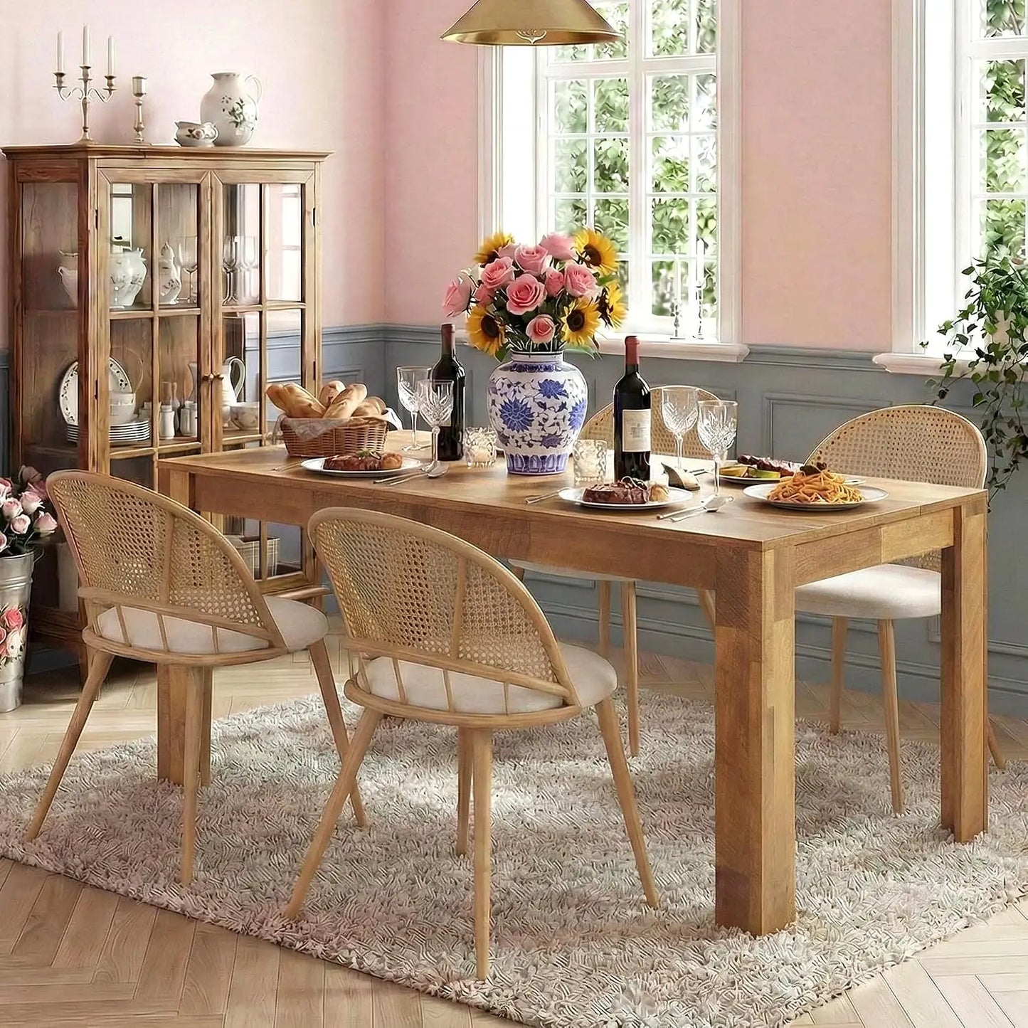 Modern Farmhouse Style Wood Dining Room Table Set with 4 Upholstered Chairs