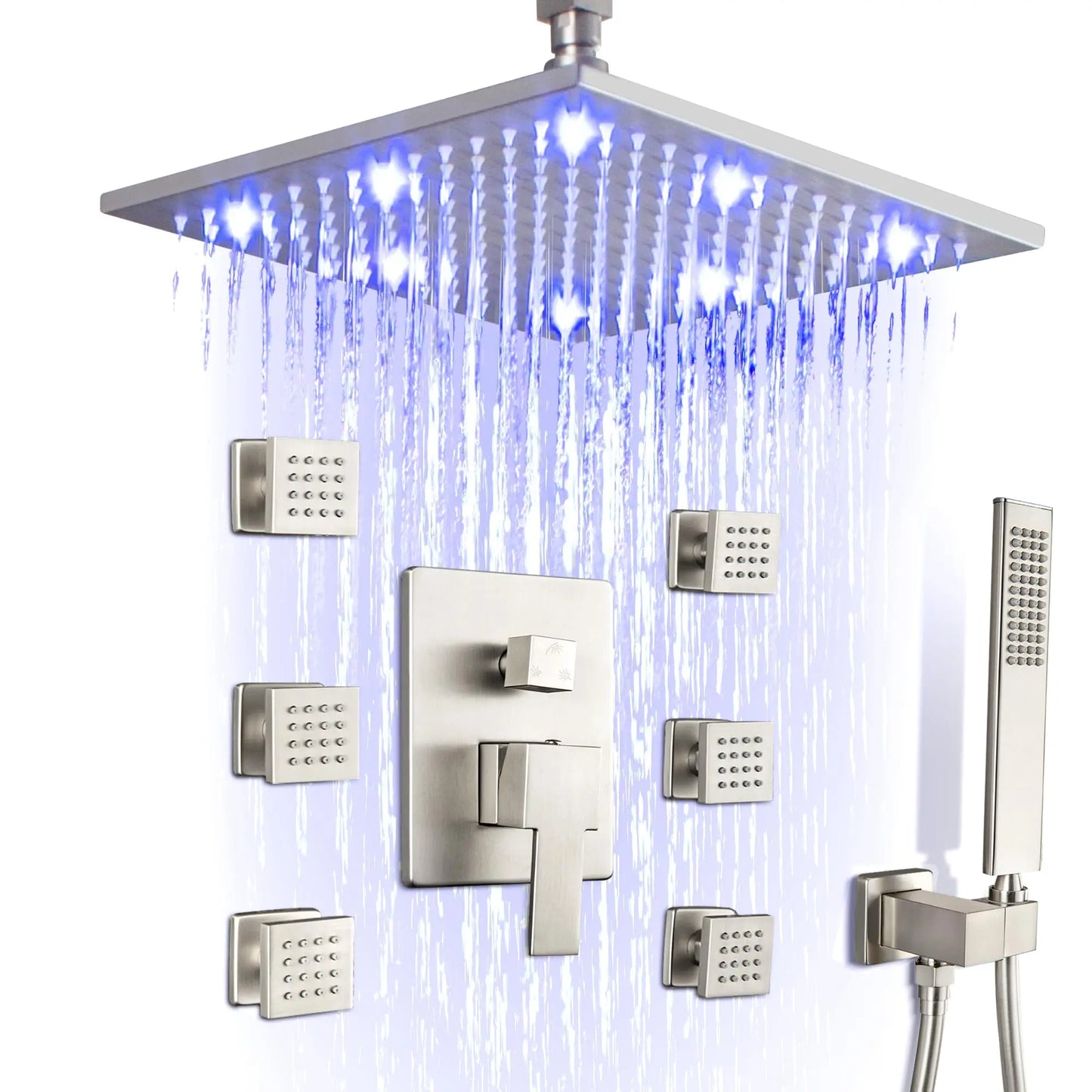 12 Inch LED Rain Shower with 6 Full adjustable Body Jets and a separate Handheld Sprayer