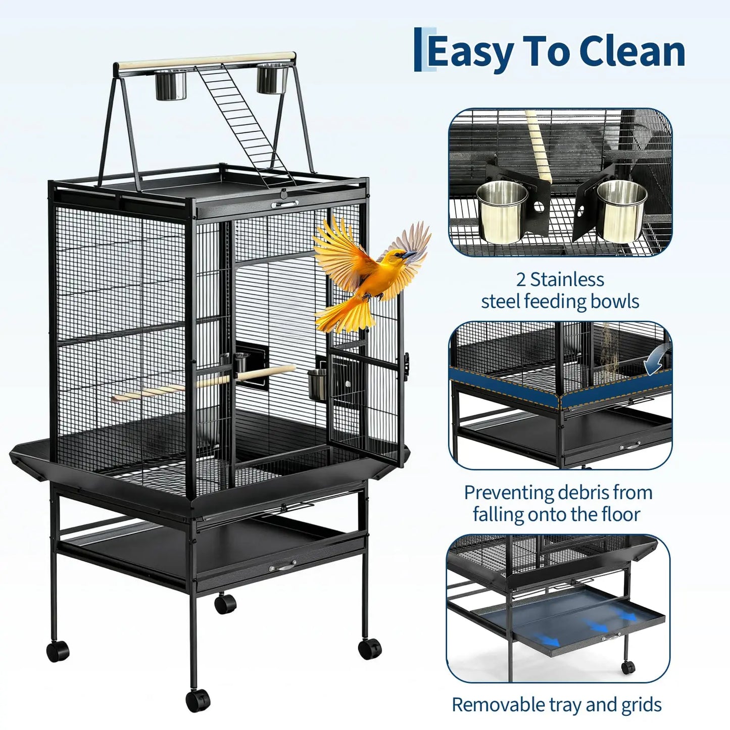 69" Extra Large, Small Spaced Bars Bird Cage with Rolling Stand and Playground on the top
