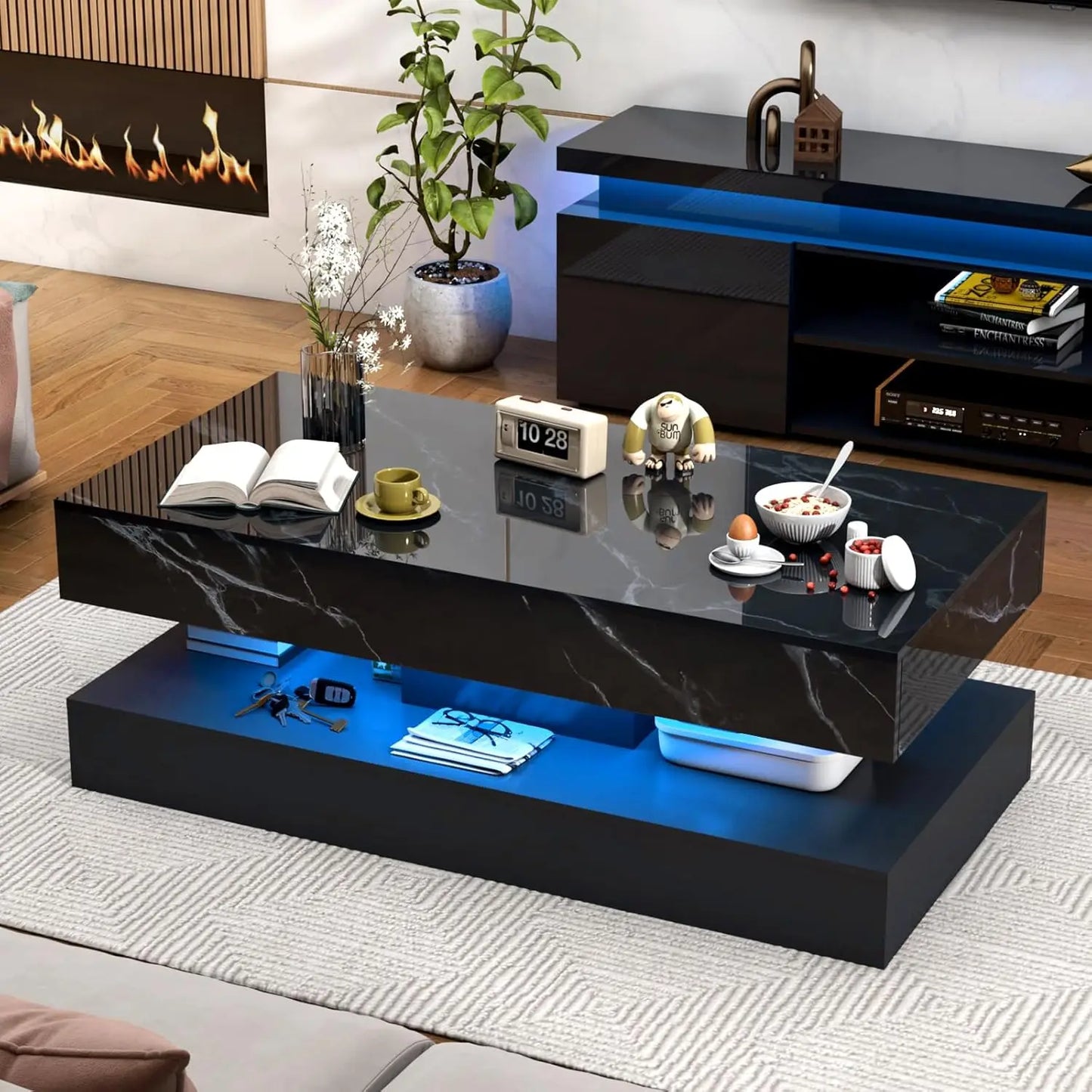 Modern Style Coffee Table with LED lights and slide out Storage Drawers for your Living Room