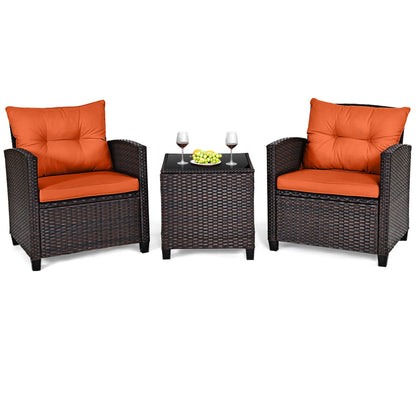3 Piece Cushioned Rattan Furniture Set with small glass table