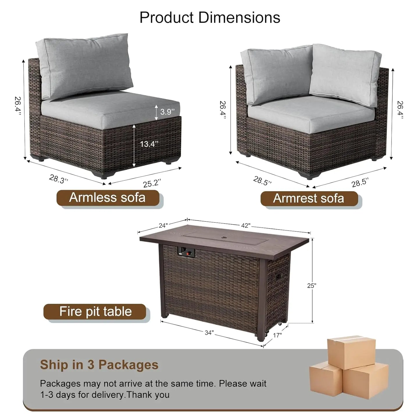 7-Piece Rattan Patio Furniture Set with 44" Fire Pit/Table