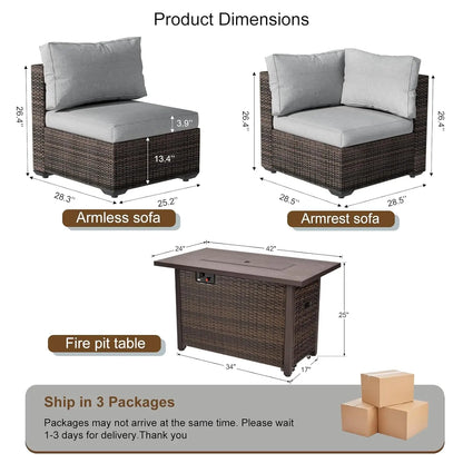 7-Piece Rattan Patio Furniture Set with 44" Fire Pit/Table