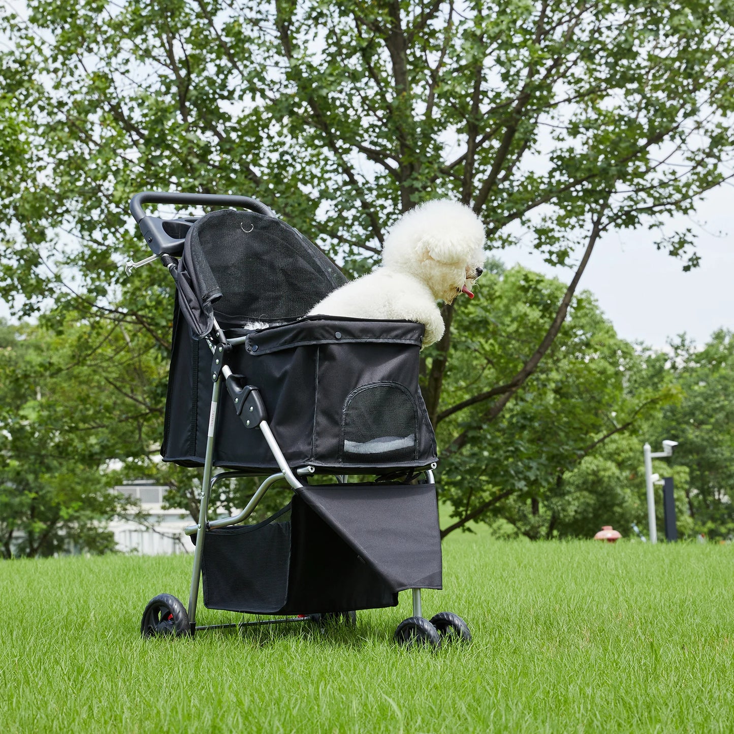 Foldable Pet Stroller for Small Dogs and Cats with Mesh Windows, Storage Basket, and Cup Holder
