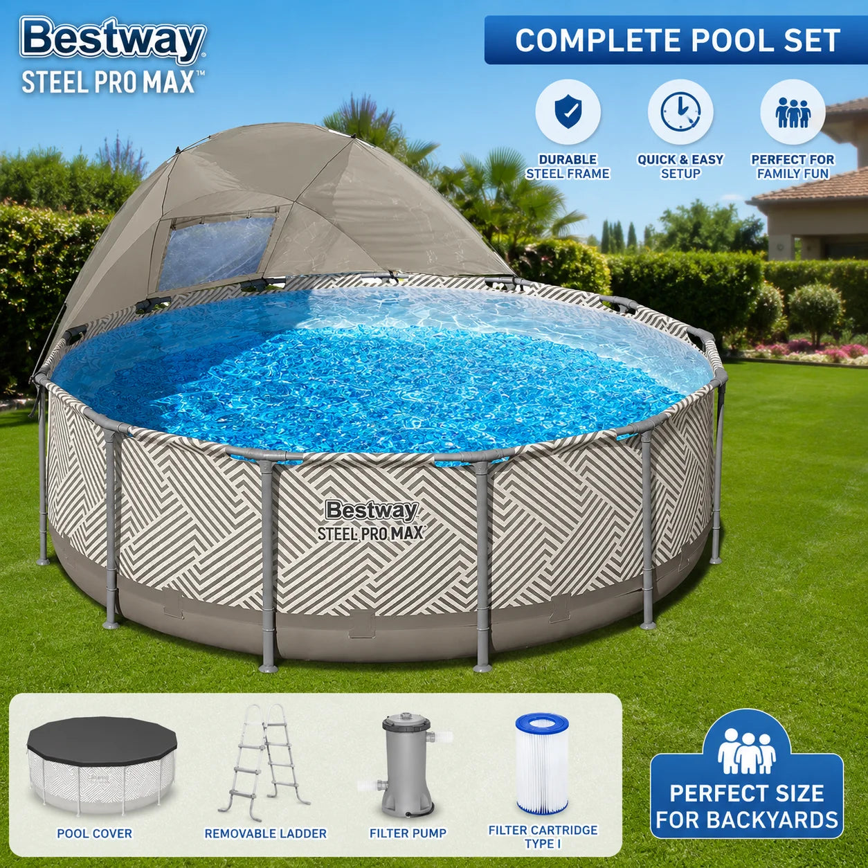 13ft Round Pool Set which Includes Cover, Canopy, Pump & Ladder