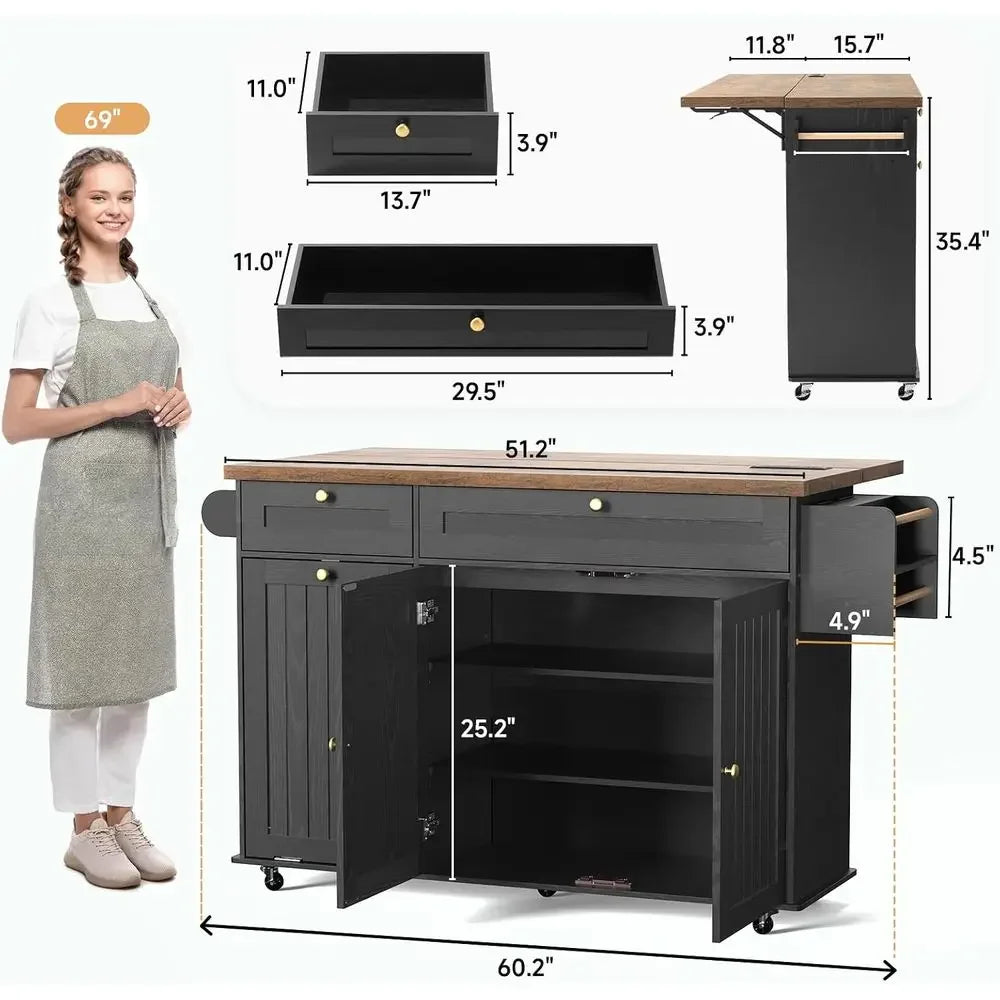 60-inch Kitchen Island with Power Outlet & Drop Leaf