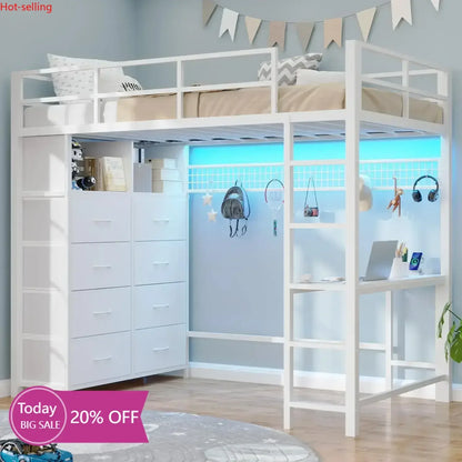 Metal Twin Loft Bed with Desk & 8 Storage Drawers in an attached Tall Dresser