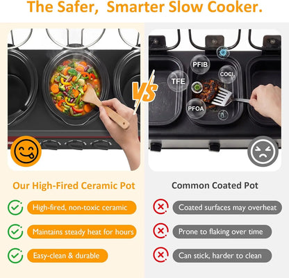Removable 3 -1.5 Qt Red Ceramic Slow Cooker Pot set with separate Adjustable Temp controls and tempered Glass Lids