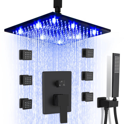 12 Inch LED Rain Shower with 6 Full adjustable Body Jets and a separate Handheld Sprayer