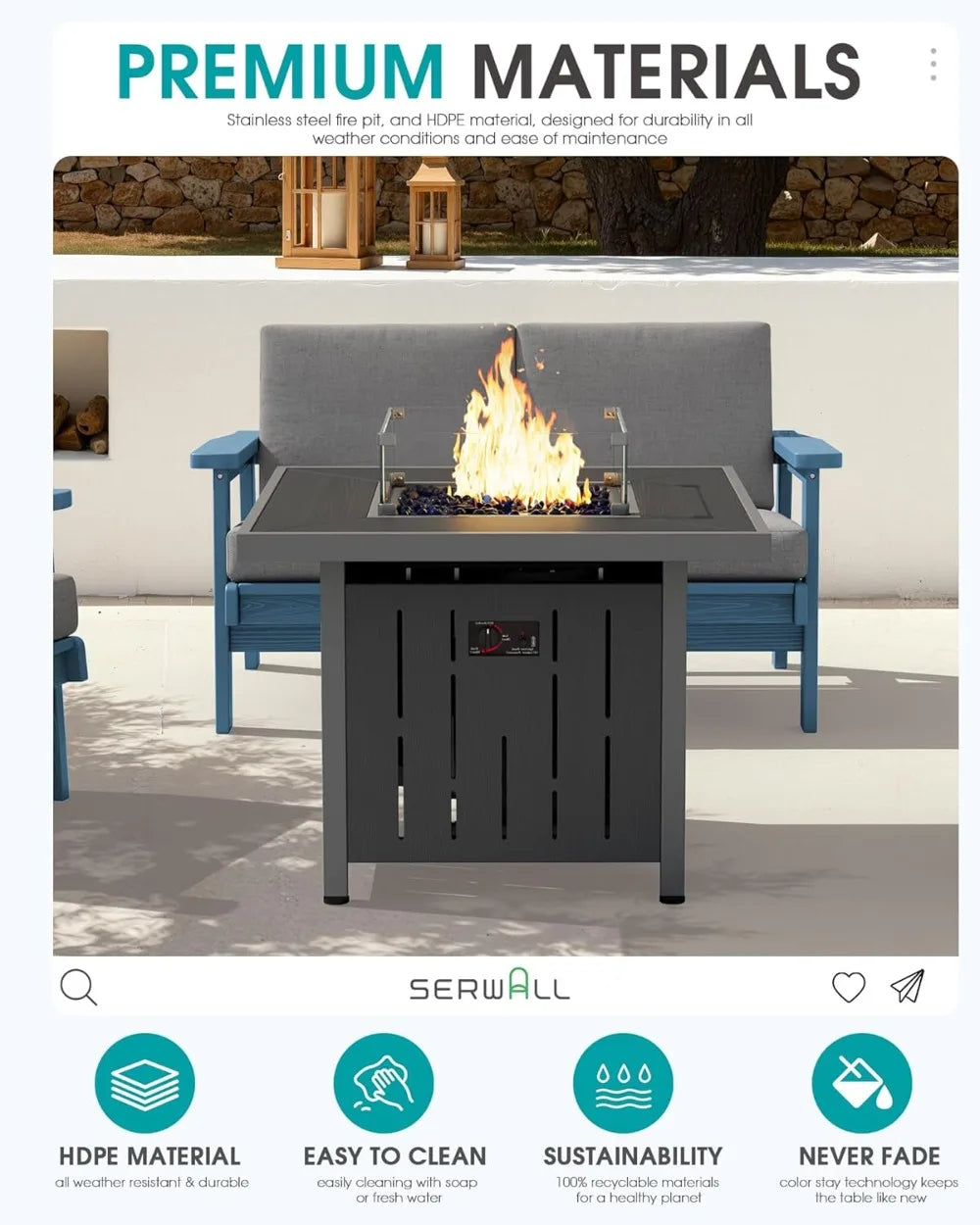 33" BTU 50,000 Outdoor Propane Fire Pit Table with Lid and Glass Wind Guard