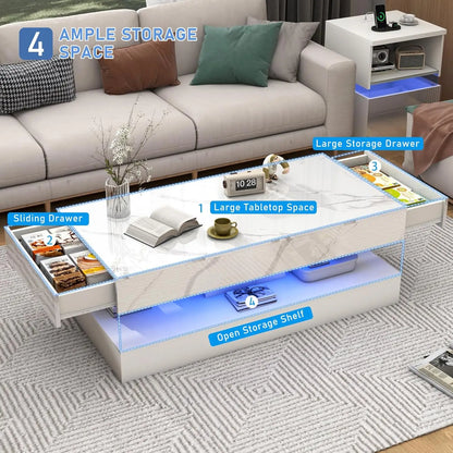Modern Style Coffee Table with LED lights and slide out Storage Drawers for your Living Room