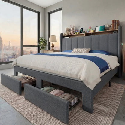 Velvet Full/Queen/King Bed Frame with 2 Storage Drawers,2-Tier Shelves with adjustable LED Light, and Charging Station