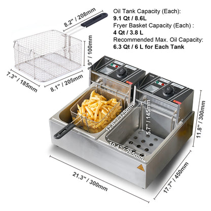 12L Electric Countertop Deep Fryer w/Dual Removable Tanks