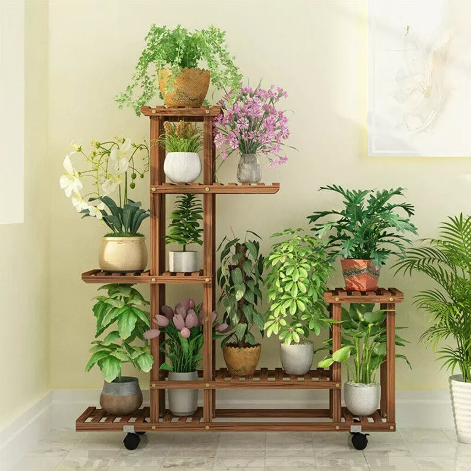 Multi-Layer Rolling Wood Plant Stand Rack