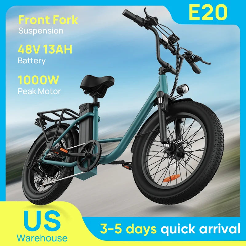 1000W E20 7 Speed Electric Bike with 20" Fat Tires,48V 13Ah Removable Battery, and Dual Disc Brakes