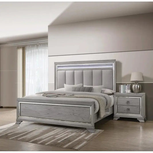 Modern Solid Wood King Size Panel Bed Frame with Nightstand and Integrated LED Lighting