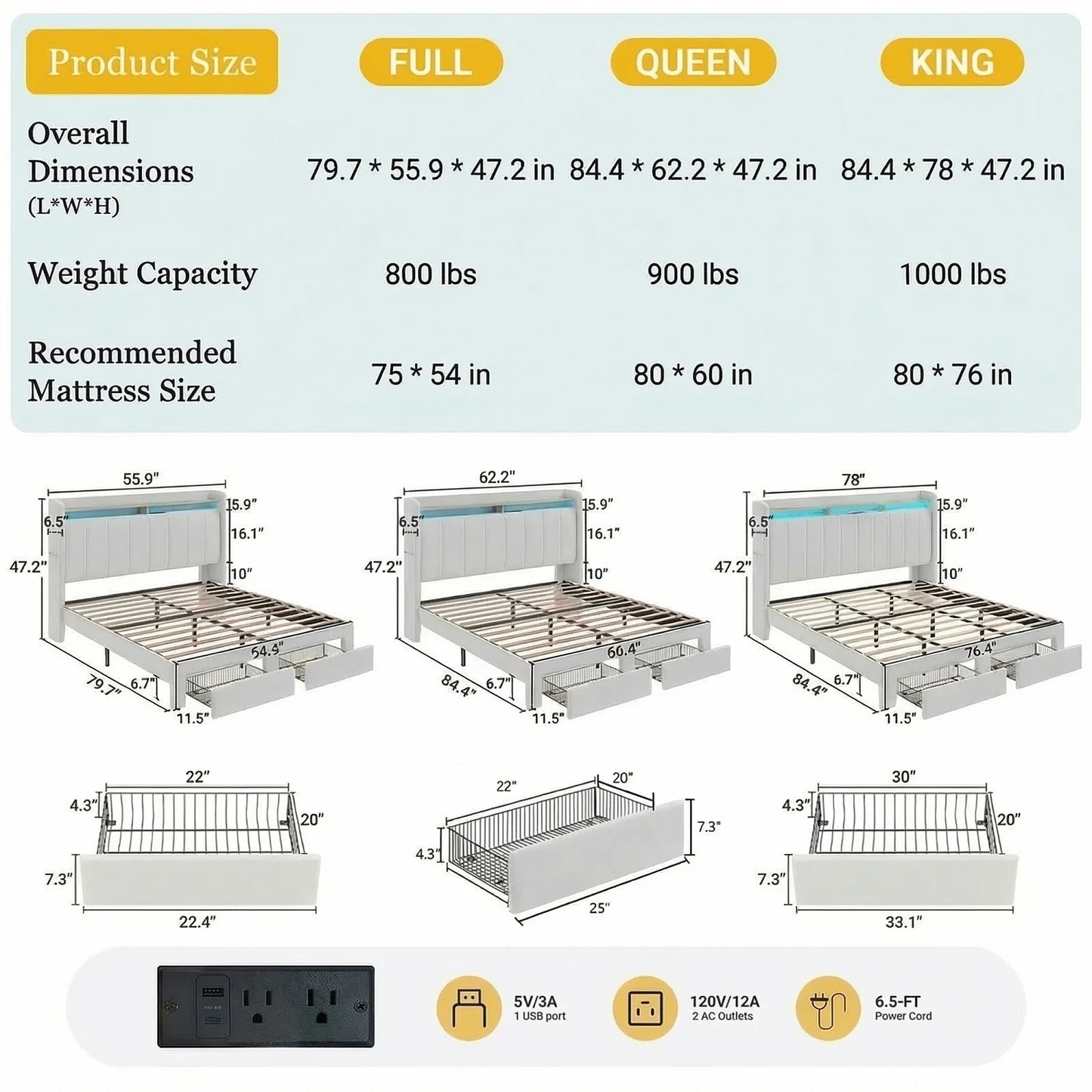 Velvet Full/Queen/King Bed Frame with 2 Storage Drawers,2-Tier Shelves with adjustable LED Light, and Charging Station