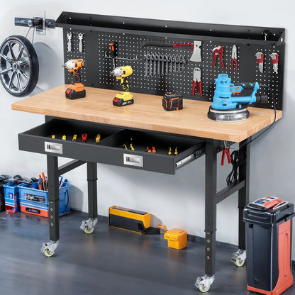 60 Inch Wood Work Bench with Led Lights, Drawers, and Pegboard