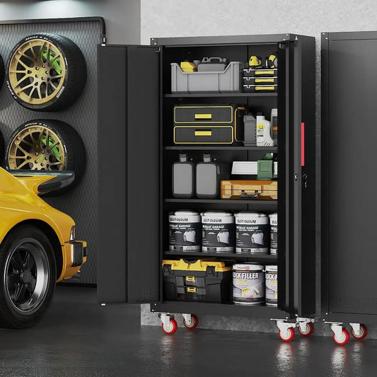 71 inch Tall Metal Storage Cabinet with Wheels and 4 Adjustable Shelves