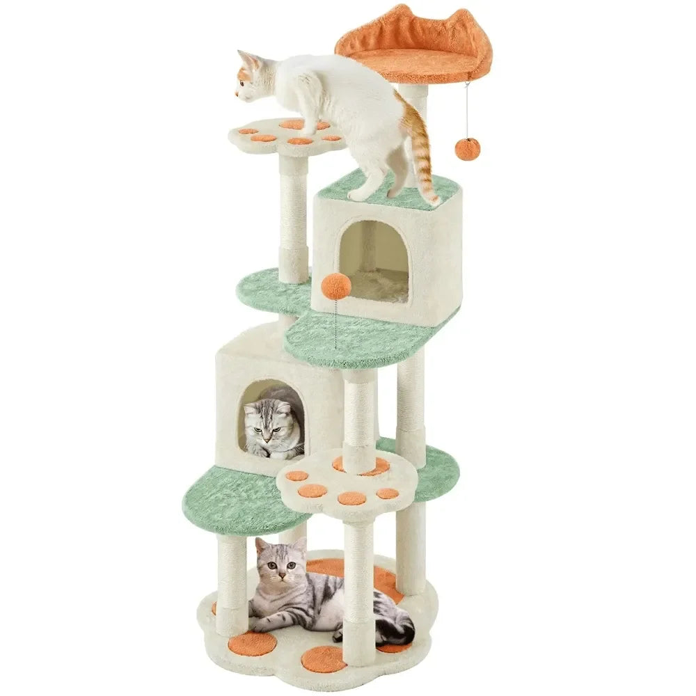 58-inch Paw Shaped Cat Tree with Plush Condos and Scratching Post