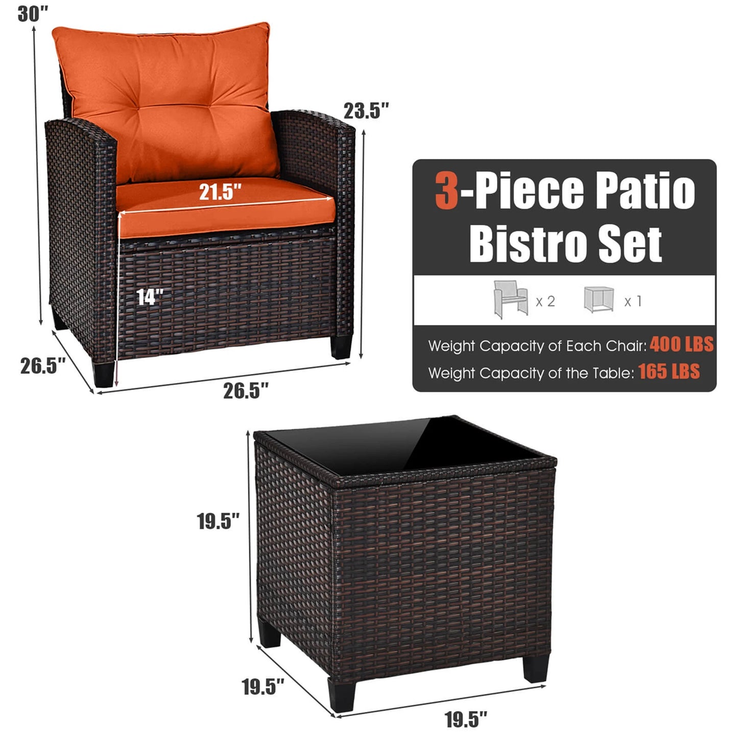 3 Piece Cushioned Rattan Furniture Set with small glass table