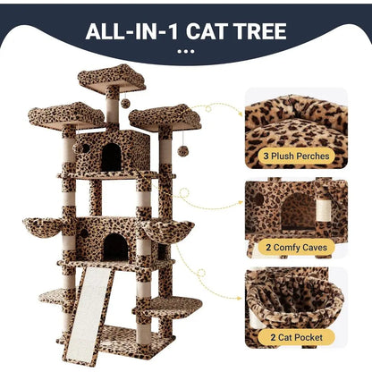 5 Level Tall Cat Tower in plush Leopard Print
