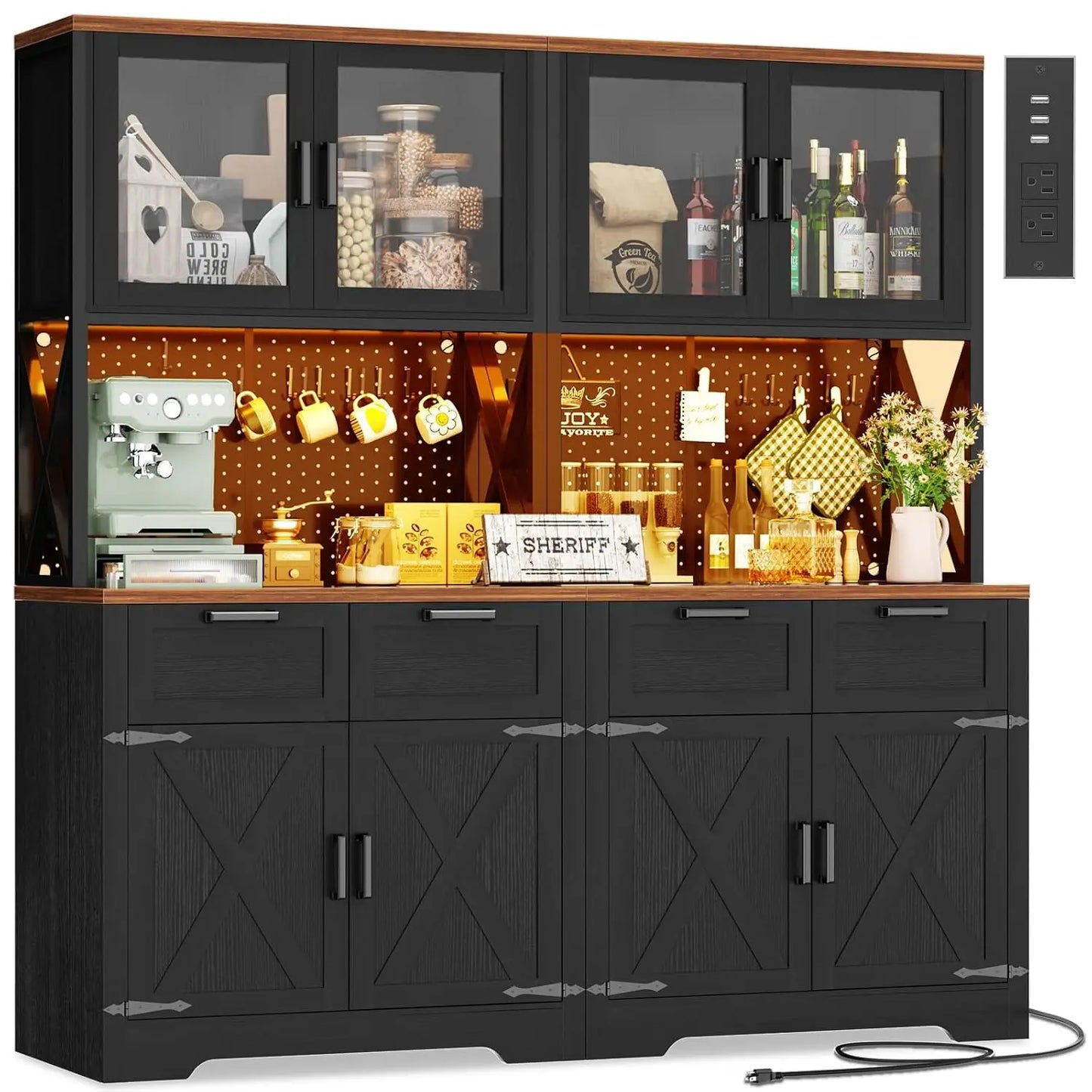 71"Tall Wood Kitchen Pantry Cabinet with LED Light and Power Outlet