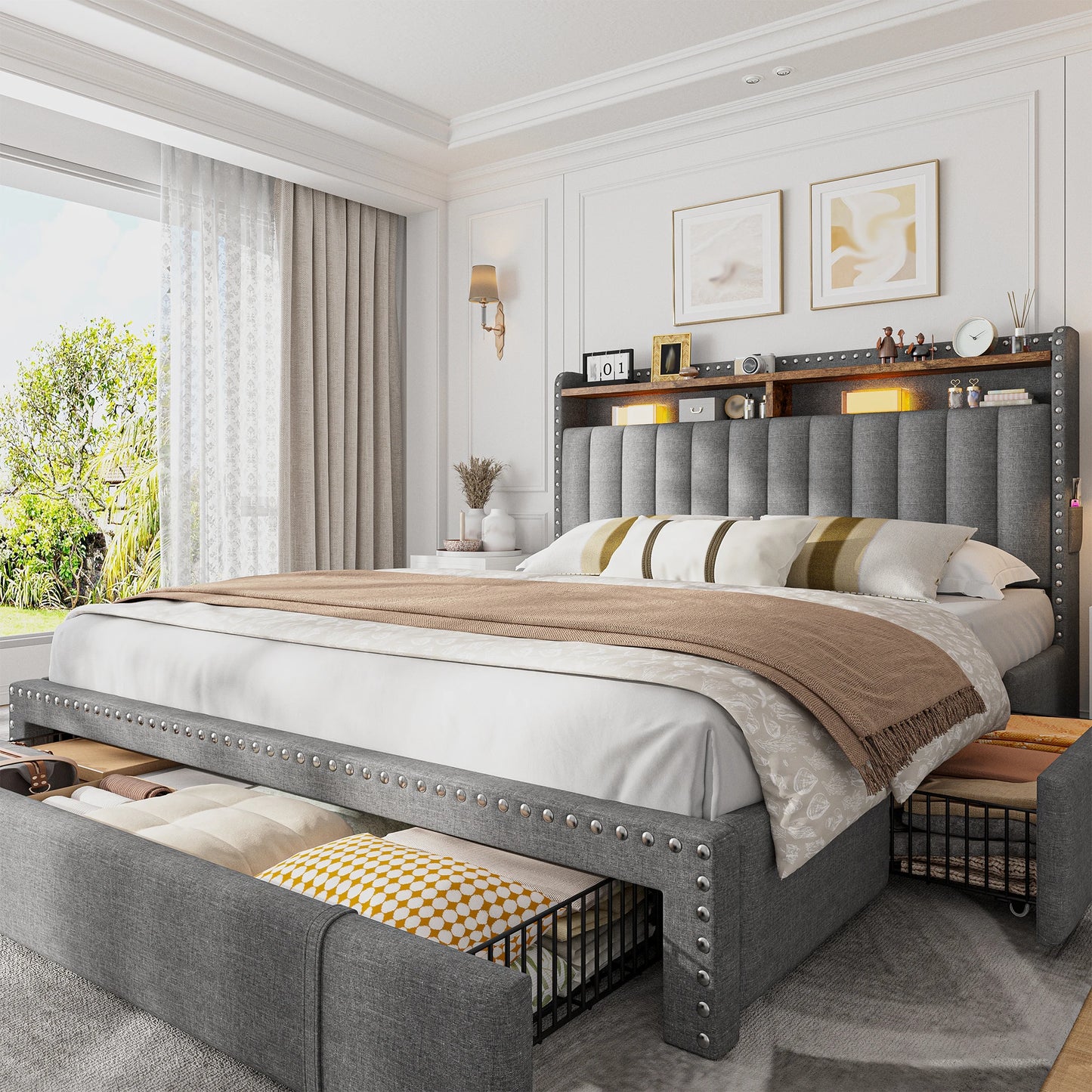 Full, Queen or King Platform Bed Frame with 3 Drawers and 2-Tier Storage
