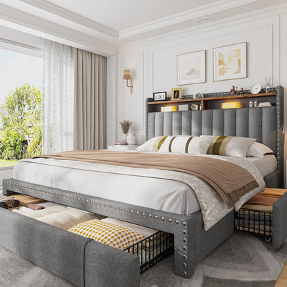 Full, Queen or King Platform Bed Frame with 3 Drawers and 2-Tier Storage