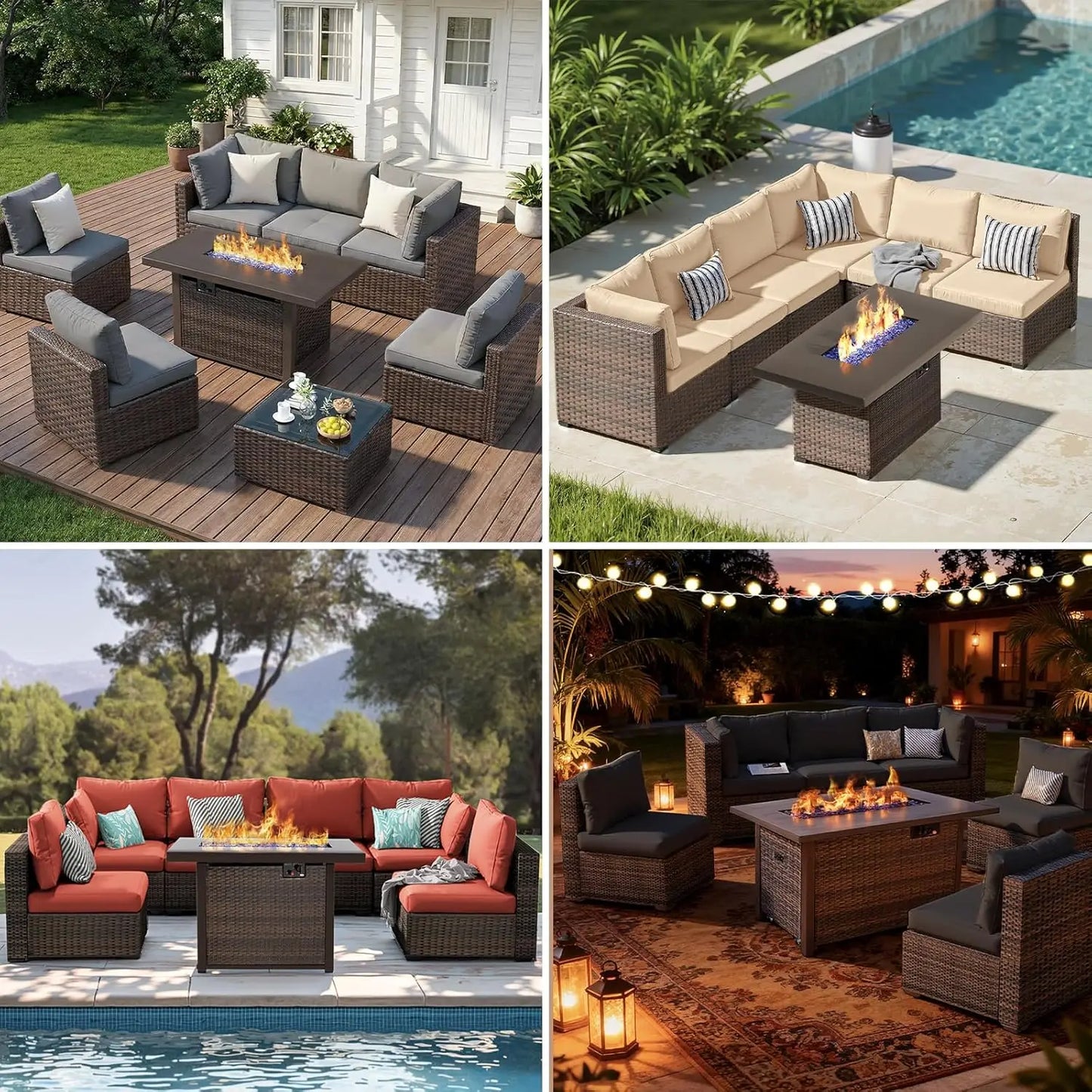 7-Piece Rattan Patio Furniture Set with 44" Fire Pit/Table