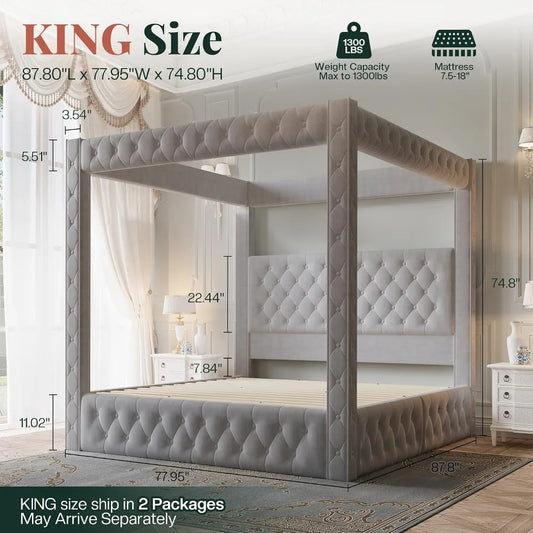 Upholstered Velvet Tufted King size Canopy Bed Frame with Charging Station