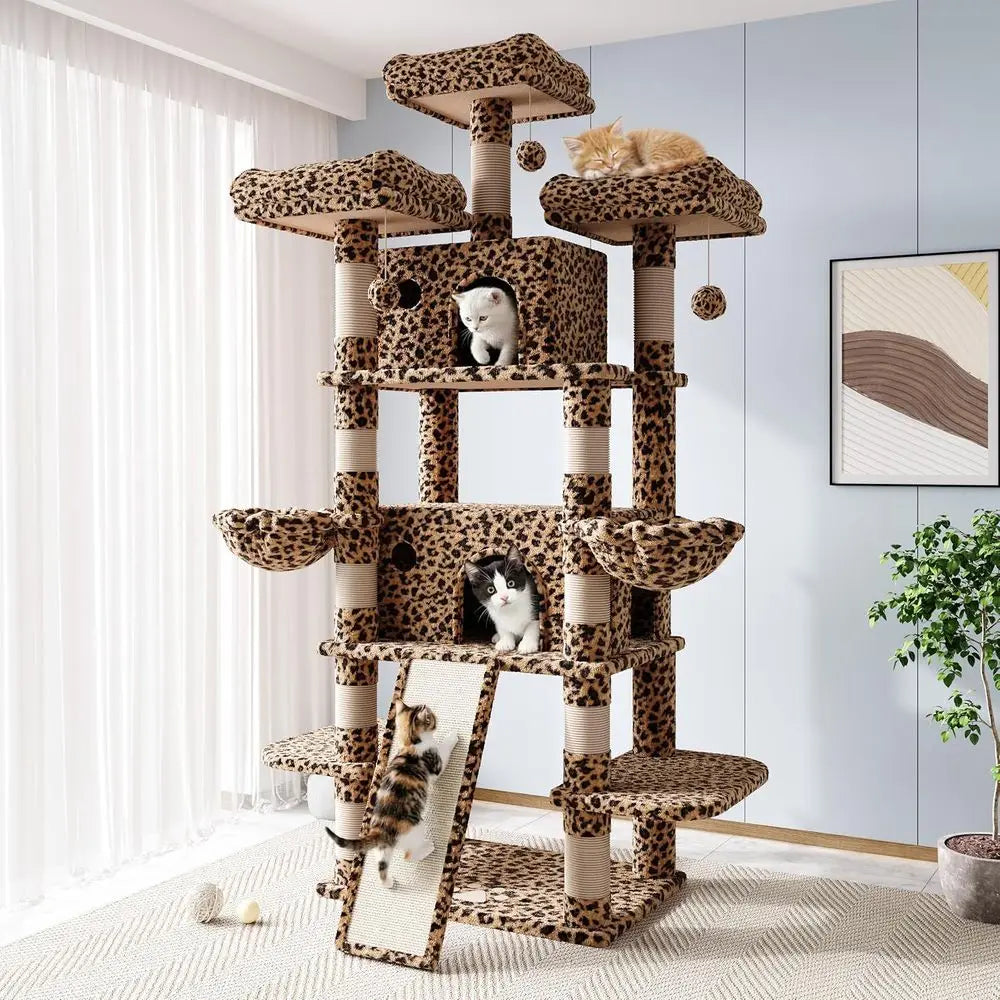 5 Level Tall Cat Tower in plush Leopard Print