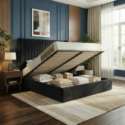 Upholstered Velvet Platform Full, Queen, or King Bed Frame with Hydraulic Driven Lift Up Storage