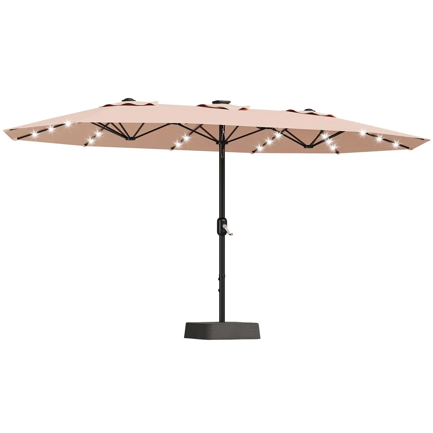 15Ft Outdoor Patio Umbrella with Solar LED Lights, Crank Handle, and Base