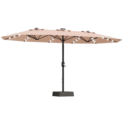 15Ft Outdoor Patio Umbrella with Solar LED Lights, Crank Handle, and Base