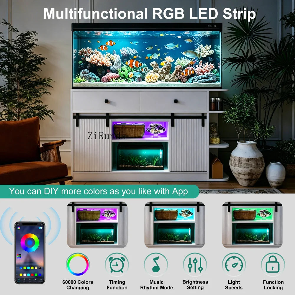 55-75 Gallon Fish Tank Stand with large Cabinet, Shelving, LED Lights, and Power Outlets