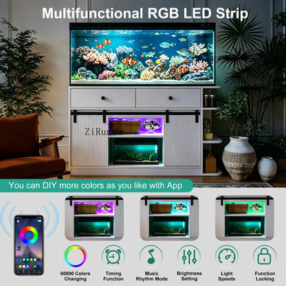 55-75 Gallon Fish Tank Stand with large Cabinet, Shelving, LED Lights, and Power Outlets