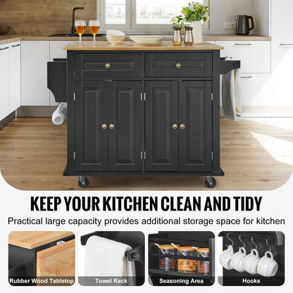 Black Rolling Kitchen Island Cart with Drop Leaf
