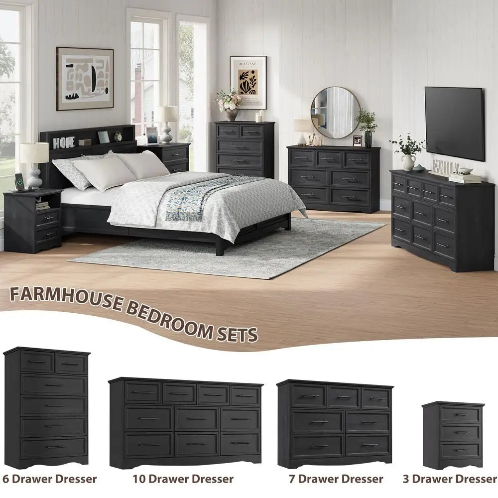 4 Piece Bedroom Furniture Set with 7 Drawer Dresser,6 Drawer Tall Dresser, 2-3 Drawer Nightstands with a Charging Station