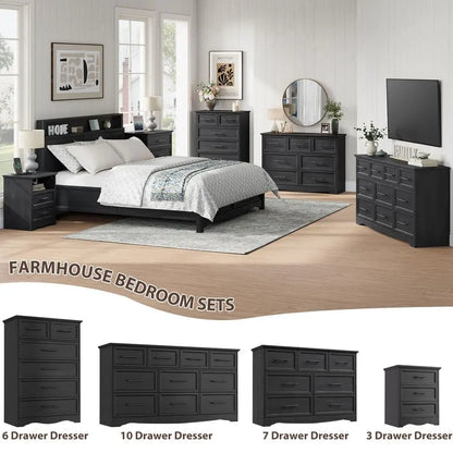 4 Piece Bedroom Furniture Set with 7 Drawer Dresser,6 Drawer Tall Dresser, 2-3 Drawer Nightstands with a Charging Station