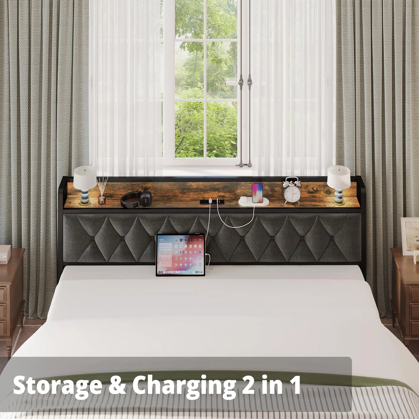Twin/TwinXL/Full/Queen/King/ Bed Frames with Storage Headboard and Outlets