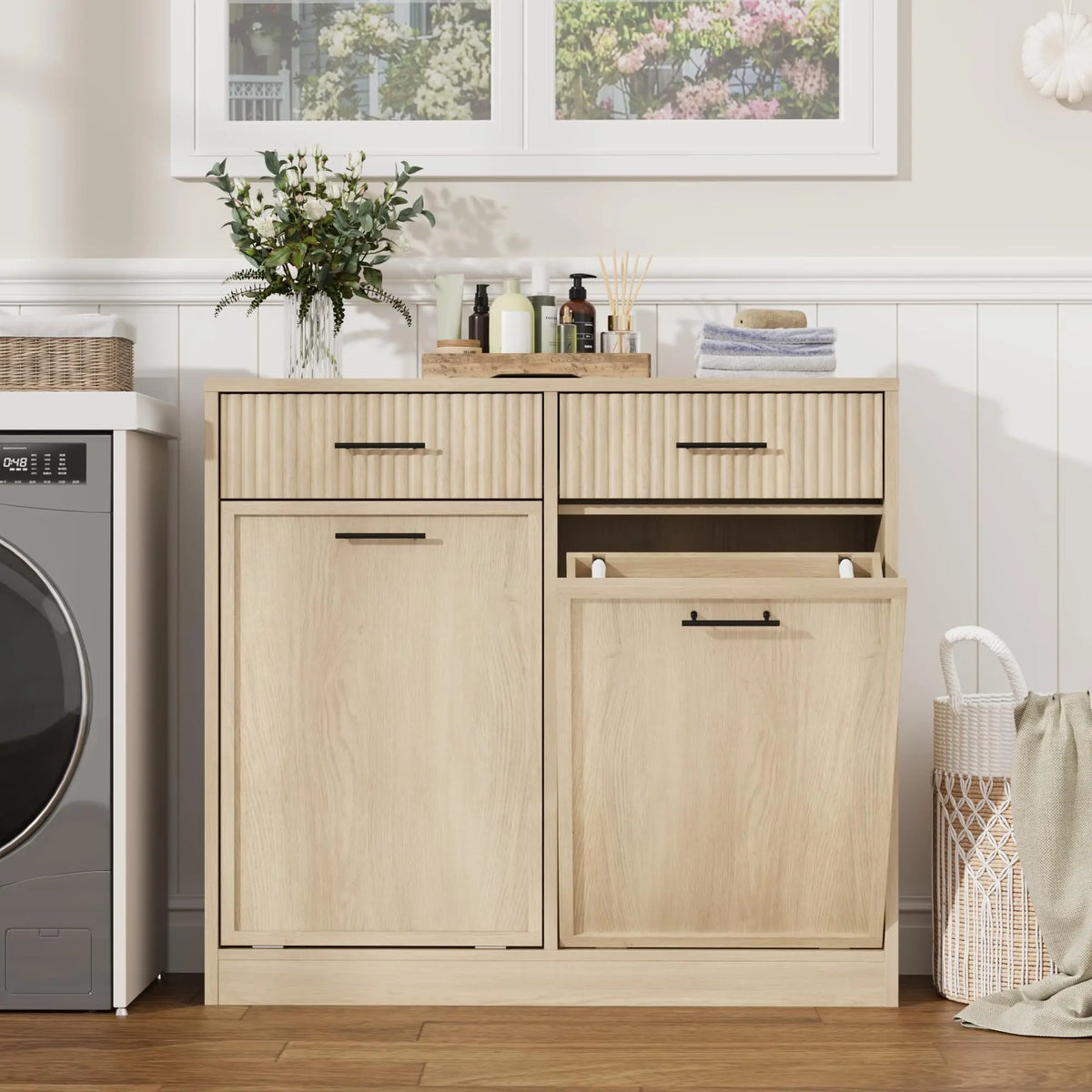 Wood Tilt Out Laundry Hamper Cabinet With Drawers and Baskets