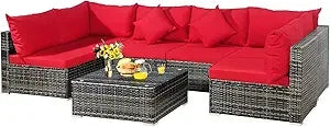 All-Weather Outdoor 7 Piece Rattan Sectional Sofa Set with Cushions and Tempered Glass Coffee Table