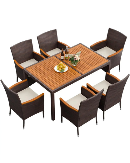 9 Piece Acacia Wood and Wicker Dining Patio Set with Chairs