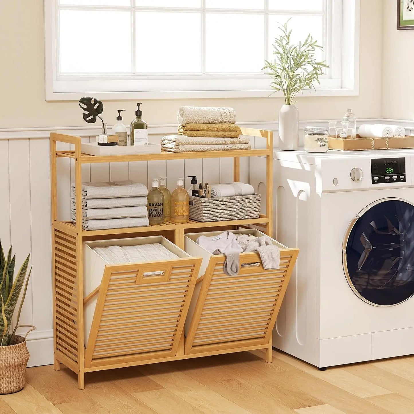 Double Tilt Out 14 Gallon Laundry Hamper w/2-Tier Storage Shelf