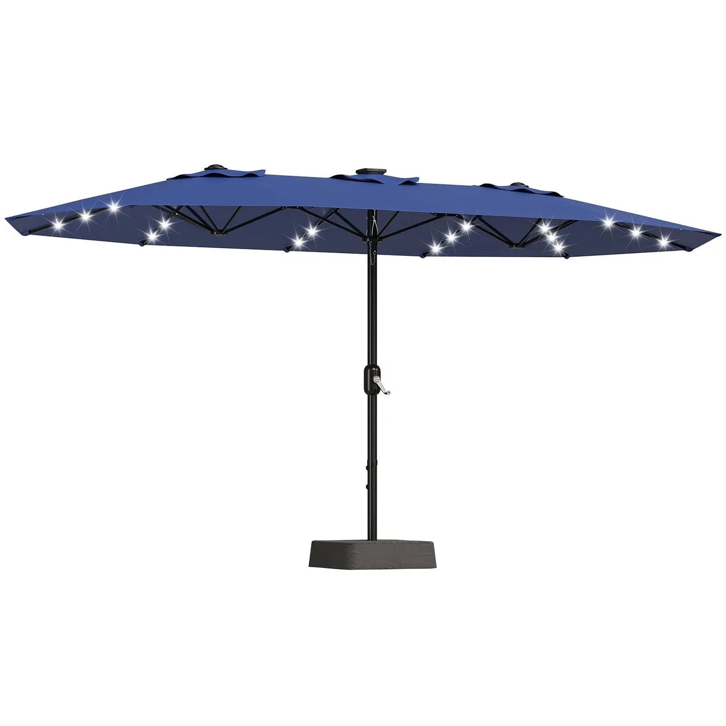 15Ft Outdoor Patio Umbrella with Solar LED Lights, Crank Handle, and Base